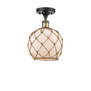 Farmhouse Rope Semi-Flush Mount shown in the Black Antique Brass finish with a White Glass with Brown Rope shade