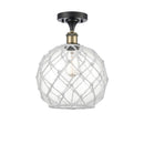 Farmhouse Rope Semi-Flush Mount shown in the Black Antique Brass finish with a Clear Glass with White Rope shade