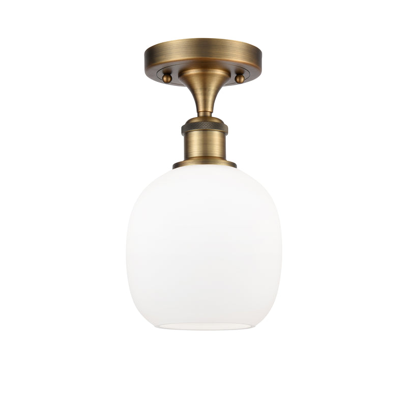 Belfast Semi-Flush Mount shown in the Brushed Brass finish with a Matte White shade