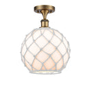 Farmhouse Rope Semi-Flush Mount shown in the Brushed Brass finish with a White Glass with White Rope shade