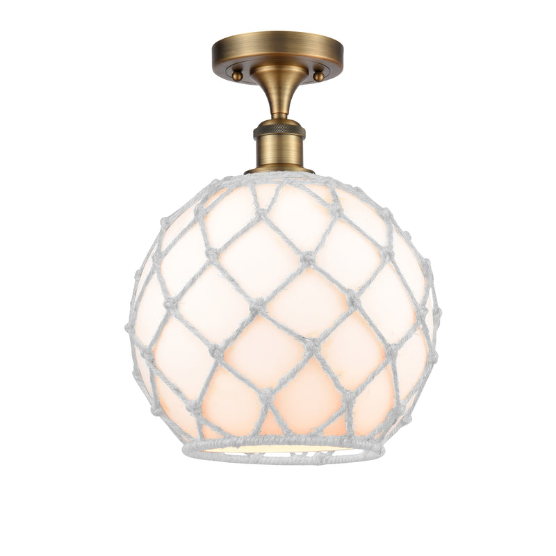 Farmhouse Rope Semi-Flush Mount shown in the Brushed Brass finish with a White Glass with White Rope shade