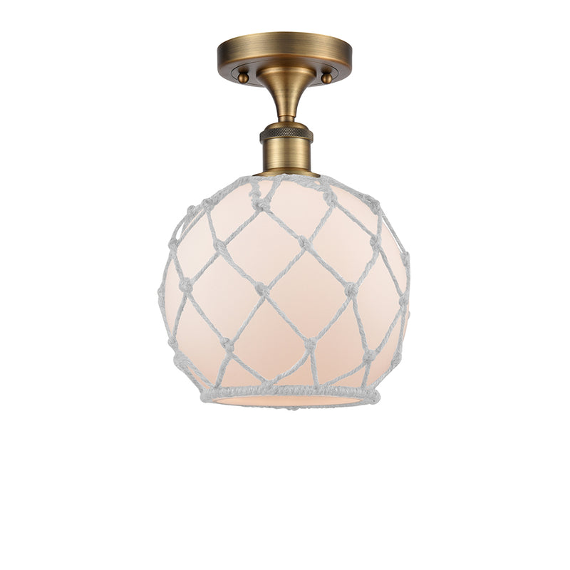 Farmhouse Rope Semi-Flush Mount shown in the Brushed Brass finish with a White Glass with White Rope shade