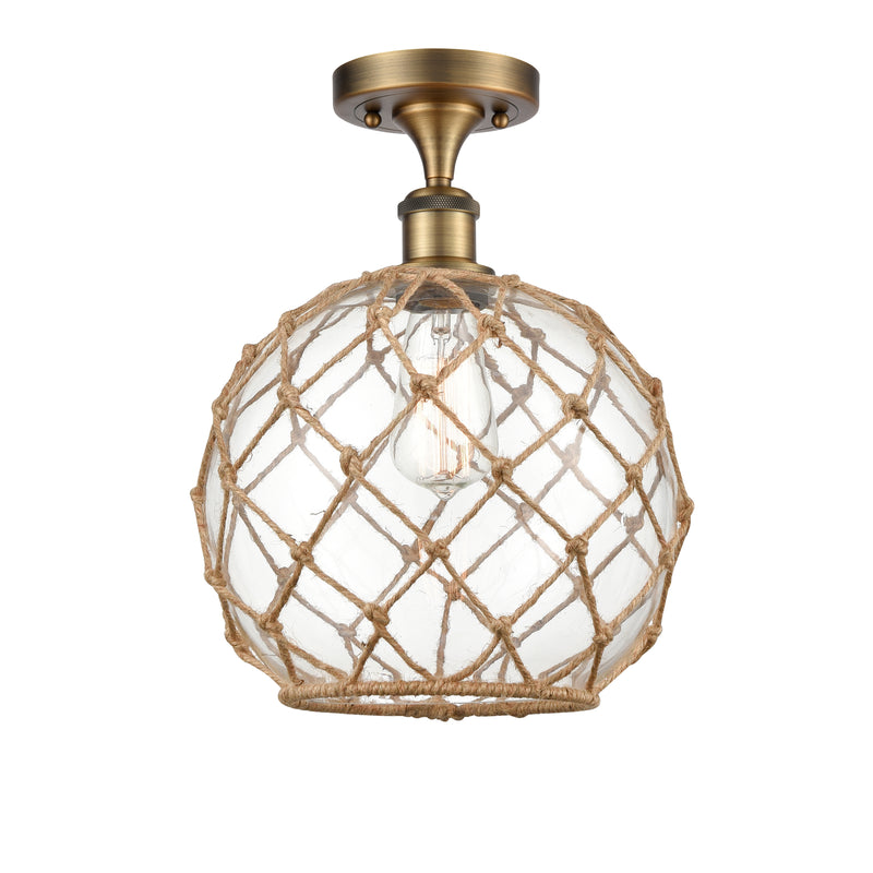 Farmhouse Rope Semi-Flush Mount shown in the Brushed Brass finish with a Clear Glass with Brown Rope shade