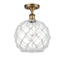 Farmhouse Rope Semi-Flush Mount shown in the Brushed Brass finish with a Clear Glass with White Rope shade