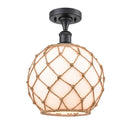 Farmhouse Rope Semi-Flush Mount shown in the Matte Black finish with a White Glass with Brown Rope shade