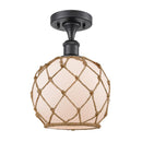 Farmhouse Rope Semi-Flush Mount shown in the Matte Black finish with a White Glass with Brown Rope shade