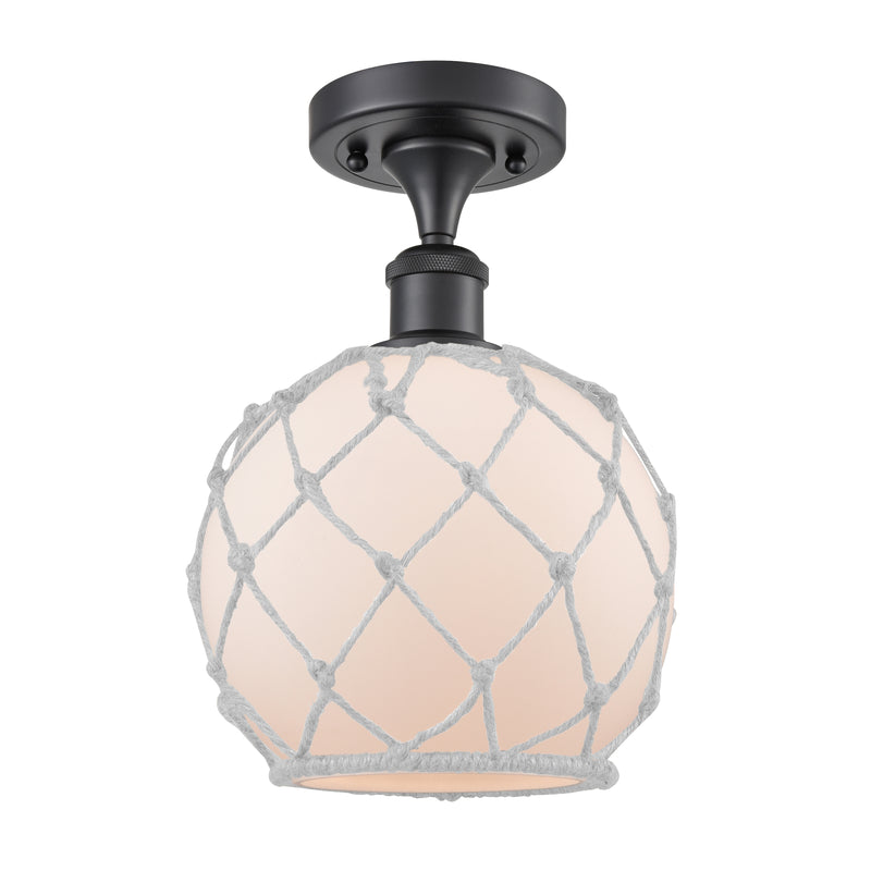 Farmhouse Rope Semi-Flush Mount shown in the Matte Black finish with a White Glass with White Rope shade