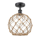 Farmhouse Rope Semi-Flush Mount shown in the Matte Black finish with a Clear Glass with Brown Rope shade