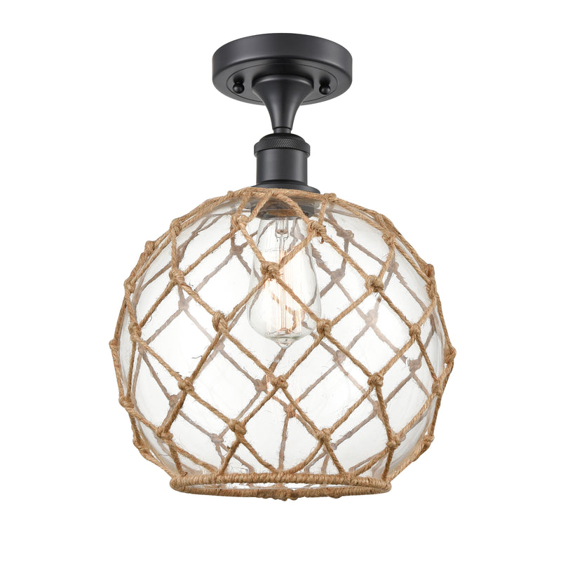 Farmhouse Rope Semi-Flush Mount shown in the Matte Black finish with a Clear Glass with Brown Rope shade