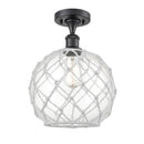 Farmhouse Rope Semi-Flush Mount shown in the Matte Black finish with a Clear Glass with White Rope shade