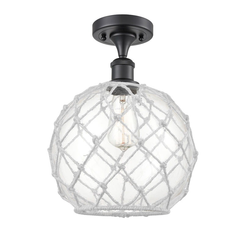 Farmhouse Rope Semi-Flush Mount shown in the Matte Black finish with a Clear Glass with White Rope shade