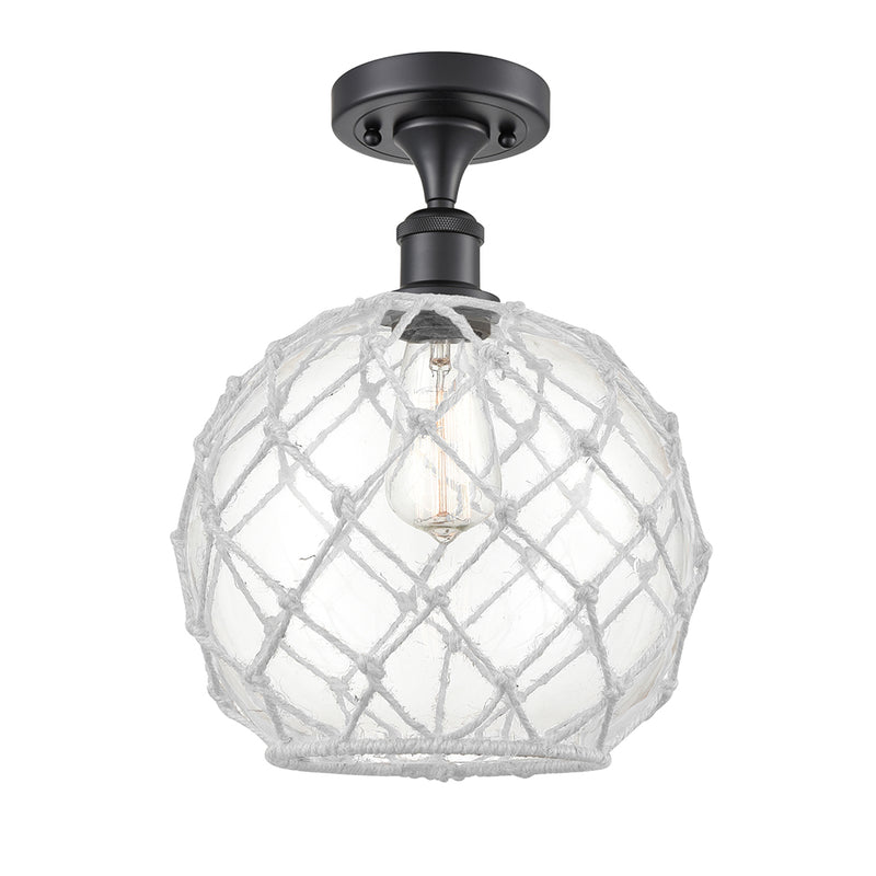 Farmhouse Rope Semi-Flush Mount shown in the Matte Black finish with a Clear Glass with White Rope shade