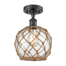 Farmhouse Rope Semi-Flush Mount shown in the Matte Black finish with a Clear Glass with Brown Rope shade