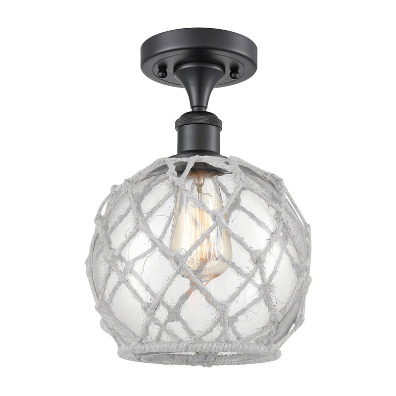 Farmhouse Rope Semi-Flush Mount shown in the Matte Black finish with a Clear Glass with White Rope shade