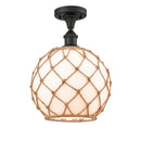 Farmhouse Rope Semi-Flush Mount shown in the Oil Rubbed Bronze finish with a White Glass with Brown Rope shade