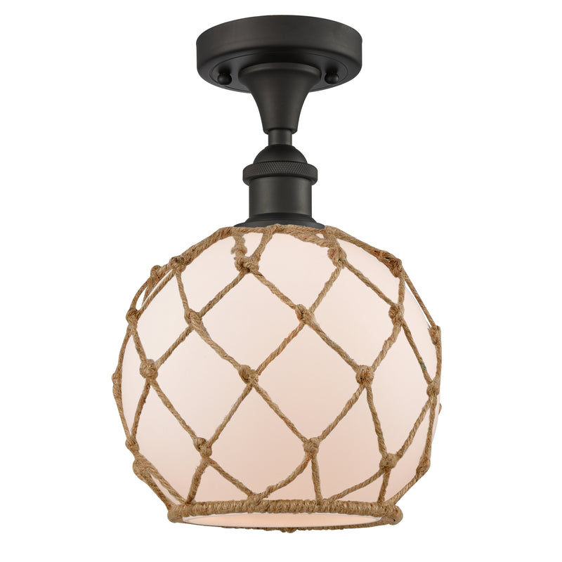 Farmhouse Rope Semi-Flush Mount shown in the Oil Rubbed Bronze finish with a White Glass with Brown Rope shade