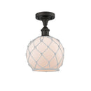 Farmhouse Rope Semi-Flush Mount shown in the Oil Rubbed Bronze finish with a White Glass with White Rope shade