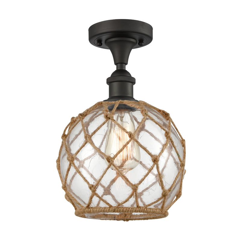 Farmhouse Rope Semi-Flush Mount shown in the Oil Rubbed Bronze finish with a Clear Glass with Brown Rope shade