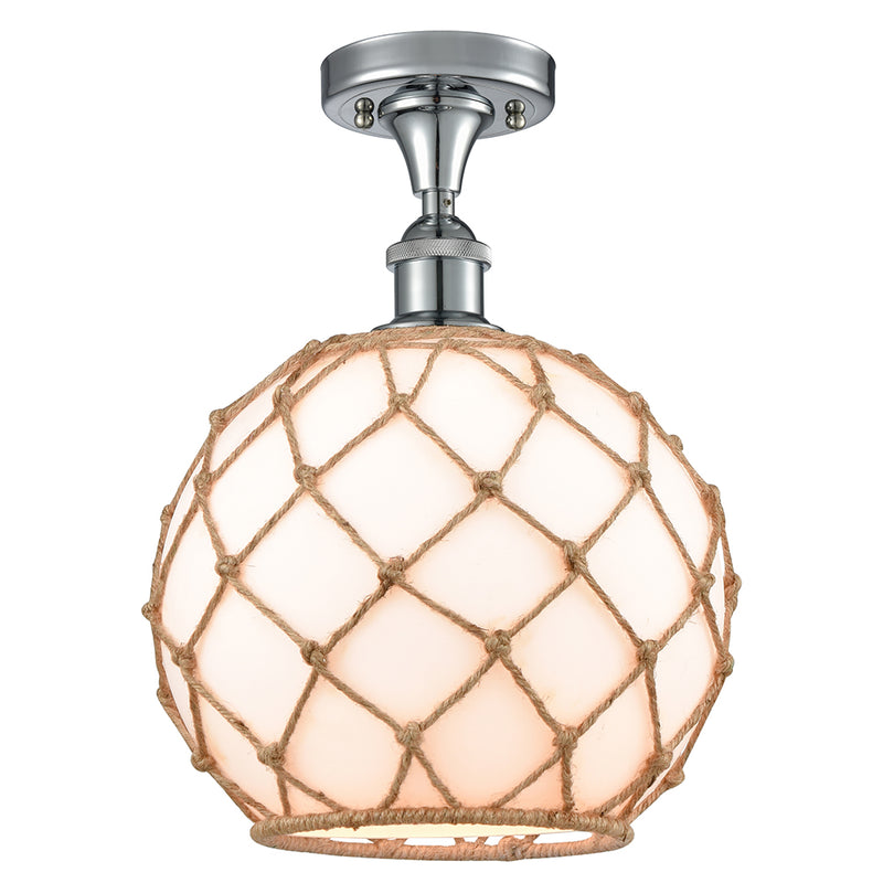 Farmhouse Rope Semi-Flush Mount shown in the Polished Chrome finish with a White Glass with Brown Rope shade