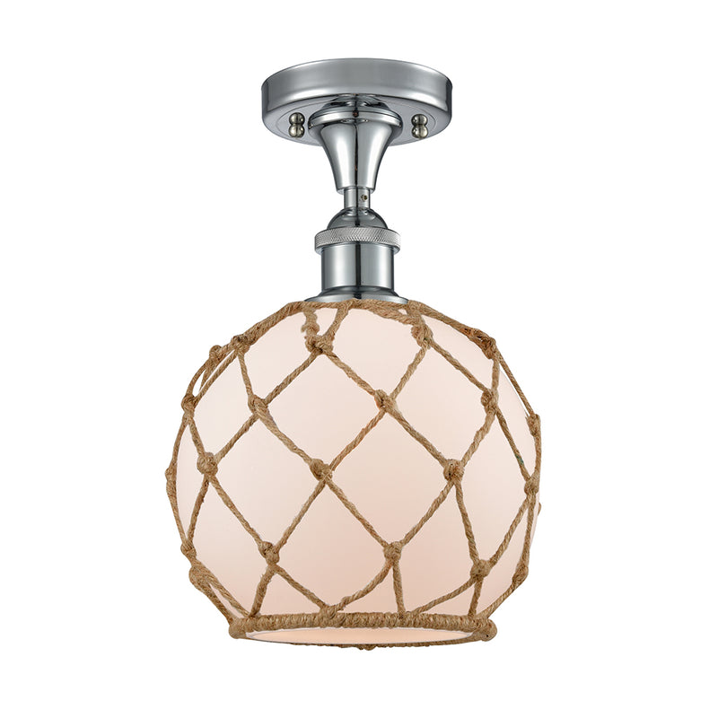 Farmhouse Rope Semi-Flush Mount shown in the Polished Chrome finish with a White Glass with Brown Rope shade