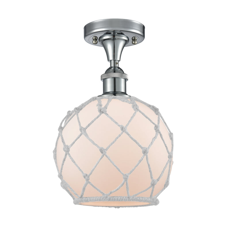 Farmhouse Rope Semi-Flush Mount shown in the Polished Chrome finish with a White Glass with White Rope shade