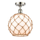 Farmhouse Rope Semi-Flush Mount shown in the Polished Nickel finish with a White Glass with Brown Rope shade