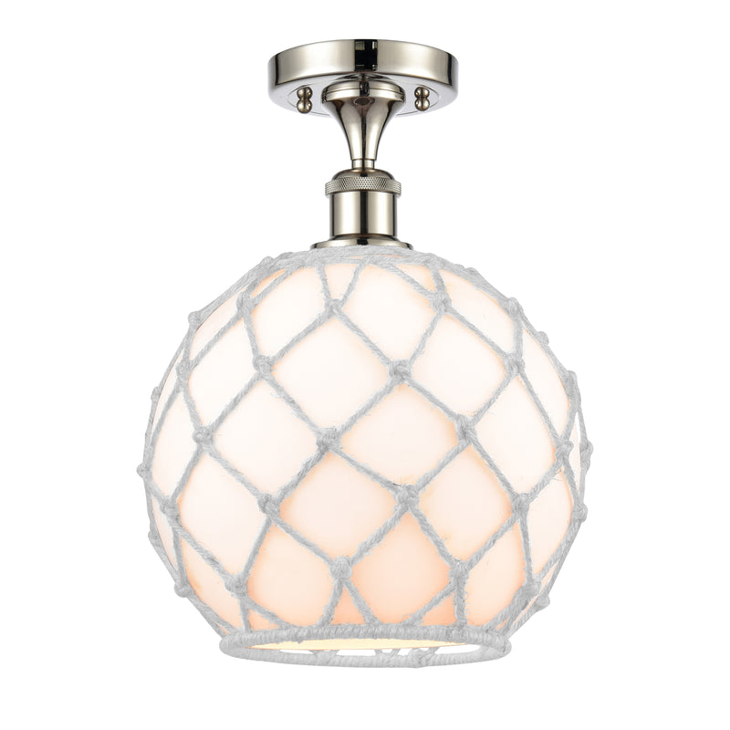 Farmhouse Rope Semi-Flush Mount shown in the Polished Nickel finish with a White Glass with White Rope shade