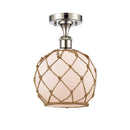 Farmhouse Rope Semi-Flush Mount shown in the Polished Nickel finish with a White Glass with Brown Rope shade