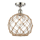 Farmhouse Rope Semi-Flush Mount shown in the Polished Nickel finish with a Clear Glass with Brown Rope shade