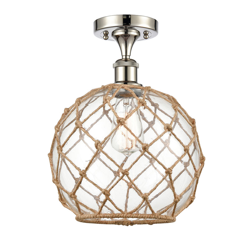 Farmhouse Rope Semi-Flush Mount shown in the Polished Nickel finish with a Clear Glass with Brown Rope shade