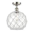 Farmhouse Rope Semi-Flush Mount shown in the Polished Nickel finish with a Clear Glass with White Rope shade