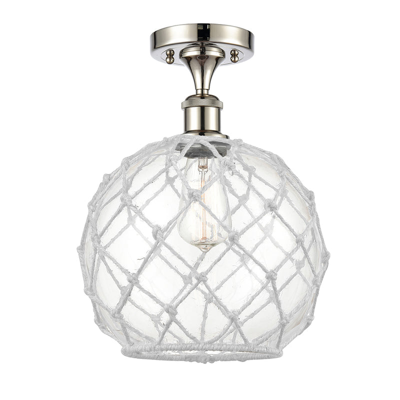 Farmhouse Rope Semi-Flush Mount shown in the Polished Nickel finish with a Clear Glass with White Rope shade