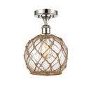 Farmhouse Rope Semi-Flush Mount shown in the Polished Nickel finish with a Clear Glass with Brown Rope shade