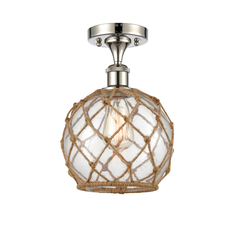 Farmhouse Rope Semi-Flush Mount shown in the Polished Nickel finish with a Clear Glass with Brown Rope shade