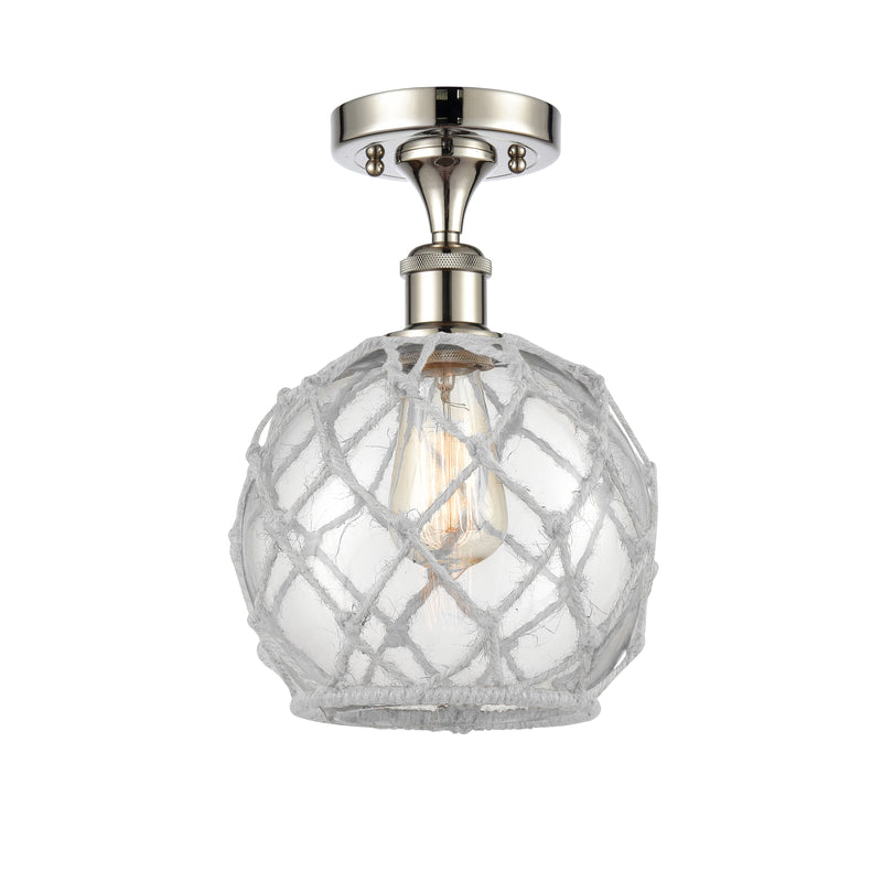 Farmhouse Rope Semi-Flush Mount shown in the Polished Nickel finish with a Clear Glass with White Rope shade