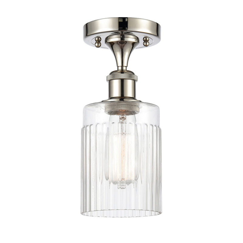 Hadley Semi-Flush Mount shown in the Polished Nickel finish with a Clear shade