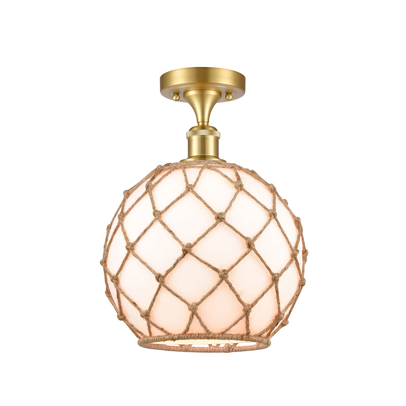 Farmhouse Rope Semi-Flush Mount shown in the Satin Gold finish with a White Glass with Brown Rope shade