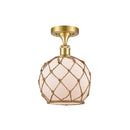 Farmhouse Rope Semi-Flush Mount shown in the Satin Gold finish with a White Glass with Brown Rope shade