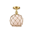 Farmhouse Rope Semi-Flush Mount shown in the Satin Gold finish with a White Glass with Brown Rope shade