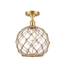 Farmhouse Rope Semi-Flush Mount shown in the Satin Gold finish with a Clear Glass with Brown Rope shade