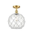 Farmhouse Rope Semi-Flush Mount shown in the Satin Gold finish with a Clear Glass with White Rope shade