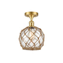 Farmhouse Rope Semi-Flush Mount shown in the Satin Gold finish with a Clear Glass with Brown Rope shade