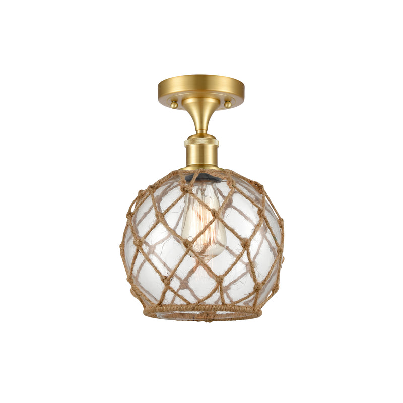 Farmhouse Rope Semi-Flush Mount shown in the Satin Gold finish with a Clear Glass with Brown Rope shade