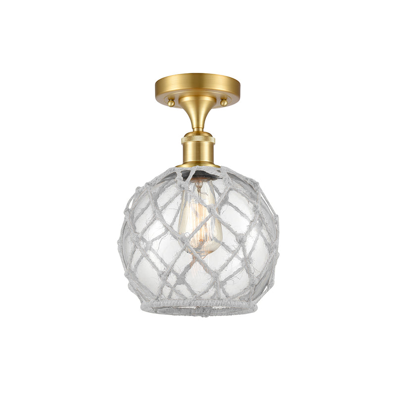 Farmhouse Rope Semi-Flush Mount shown in the Satin Gold finish with a Clear Glass with White Rope shade