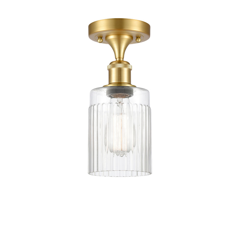 Hadley Semi-Flush Mount shown in the Satin Gold finish with a Clear shade