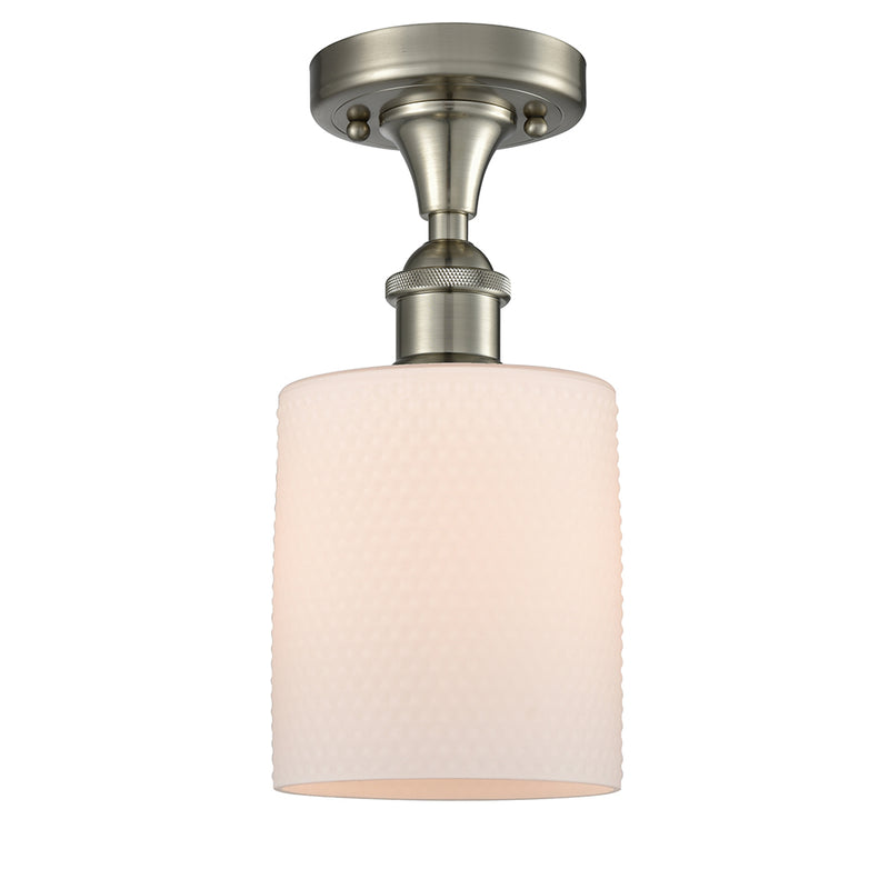 Cobbleskill Semi-Flush Mount shown in the Brushed Satin Nickel finish with a Matte White shade