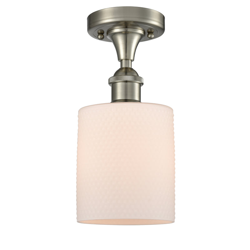 Cobbleskill Semi-Flush Mount shown in the Brushed Satin Nickel finish with a Matte White shade