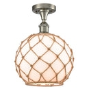 Farmhouse Rope Semi-Flush Mount shown in the Brushed Satin Nickel finish with a White Glass with Brown Rope shade