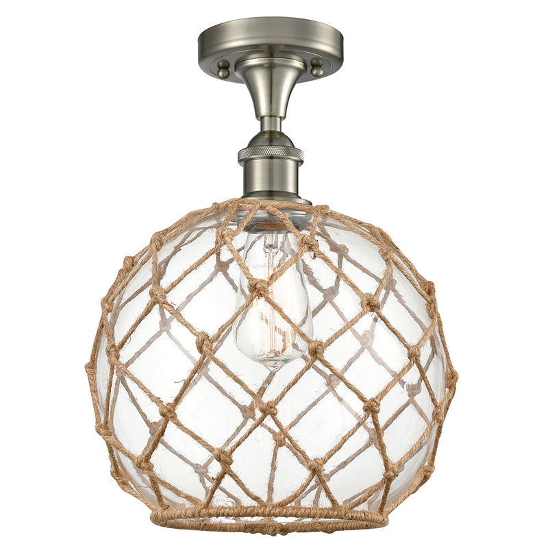 Farmhouse Rope Semi-Flush Mount shown in the Brushed Satin Nickel finish with a Clear Glass with Brown Rope shade