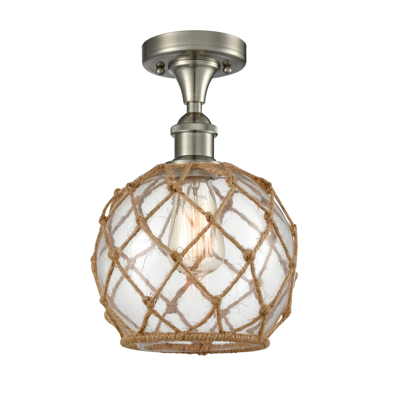 Farmhouse Rope Semi-Flush Mount shown in the Brushed Satin Nickel finish with a Clear Glass with Brown Rope shade